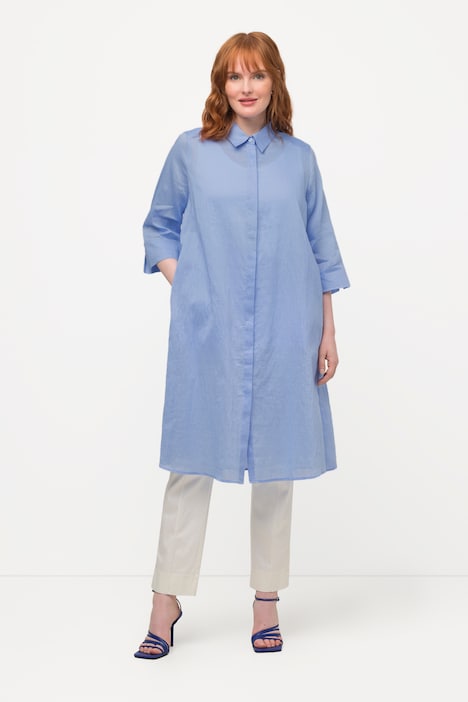 Longbluse, Leinenmix, A-Linie, Hemdkragen, 3/4-Arm