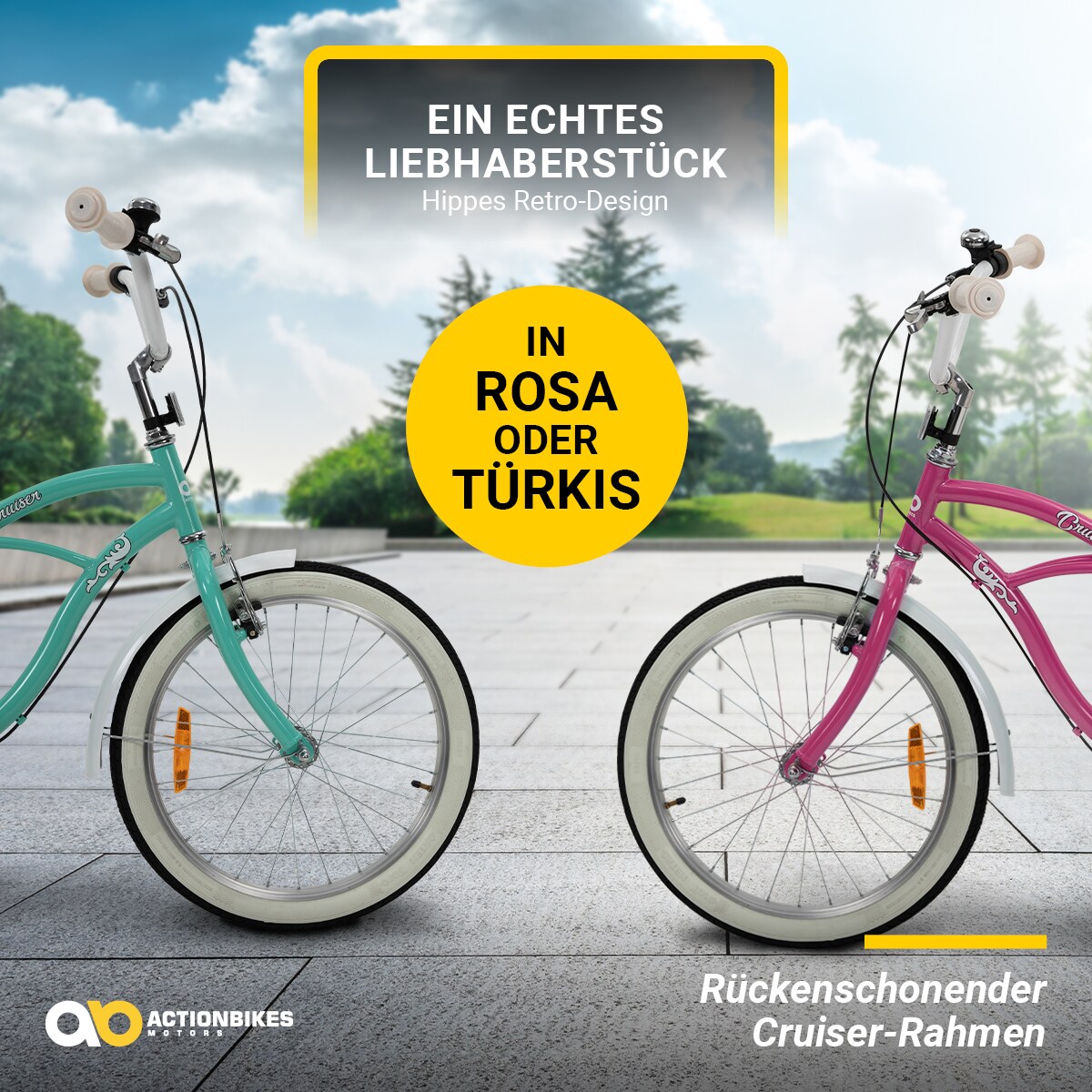 Actionbikes Kinderfahrrad Cruiser 20 Zoll, Rosa/Türkis, verstellbar, Seitenständer, V-Brake-Bremsen (Türkis)