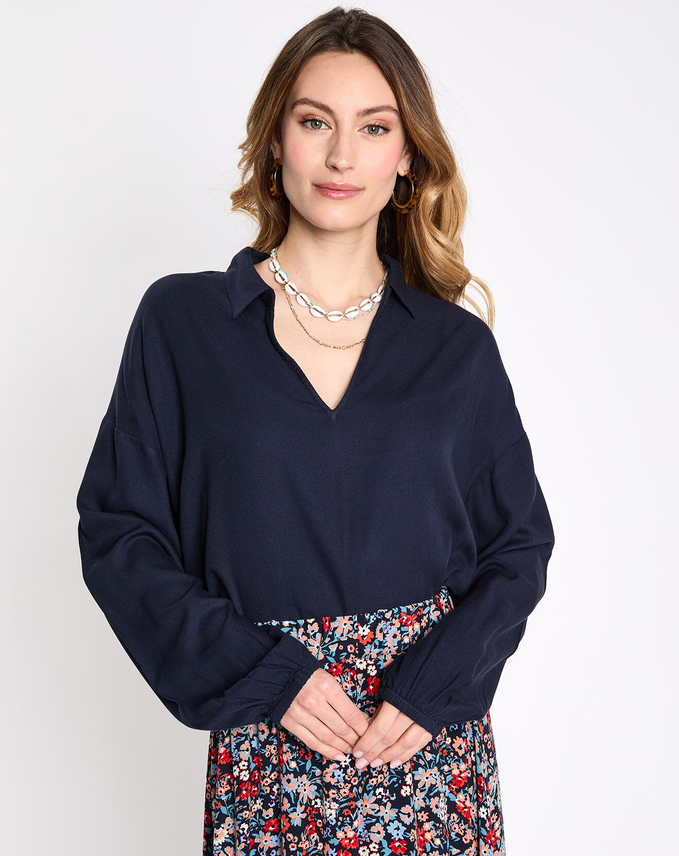 Esprit Blouse col v polo bleu marine