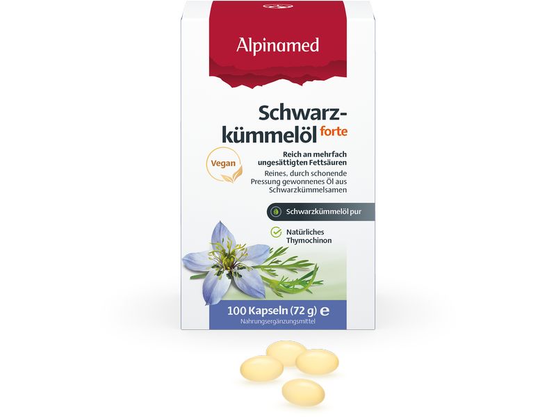 Alpinamed Schwarzkümmelöl 100 Kapseln Vegane Nahrungsergänzung mit Omega-6-Fettsäuren