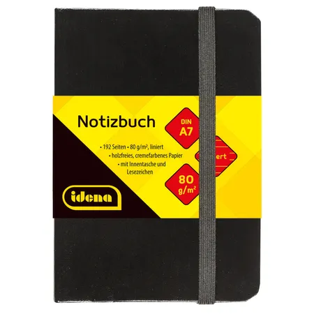 Idena Notizbuch, DIN A7, 192 Seiten, 80 g/m², liniert, Hardcover, schwarz