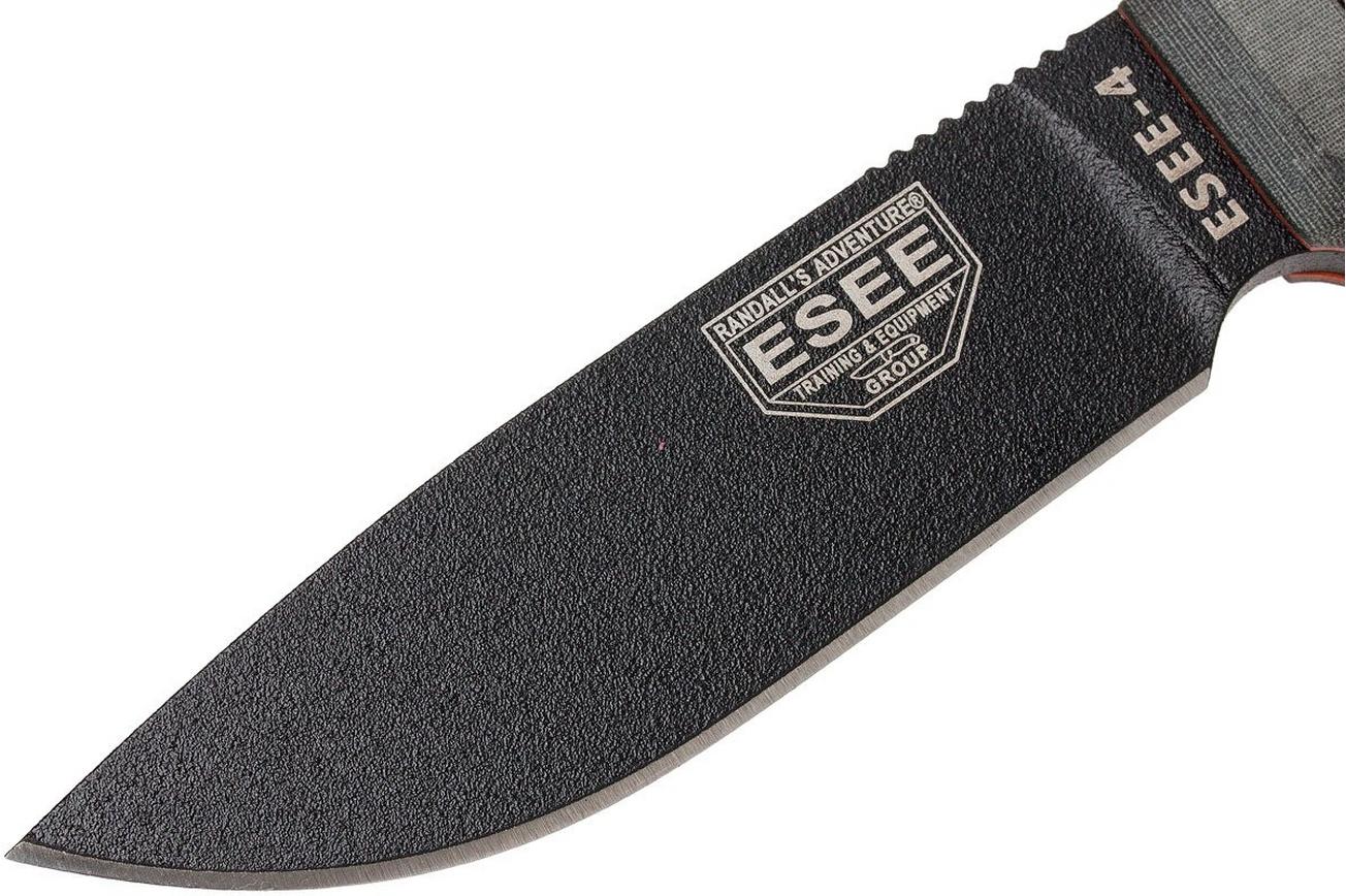 ESEE Model 4 black blade, grey handle 4P-MB met coyote schede   clip en MOLLE-back