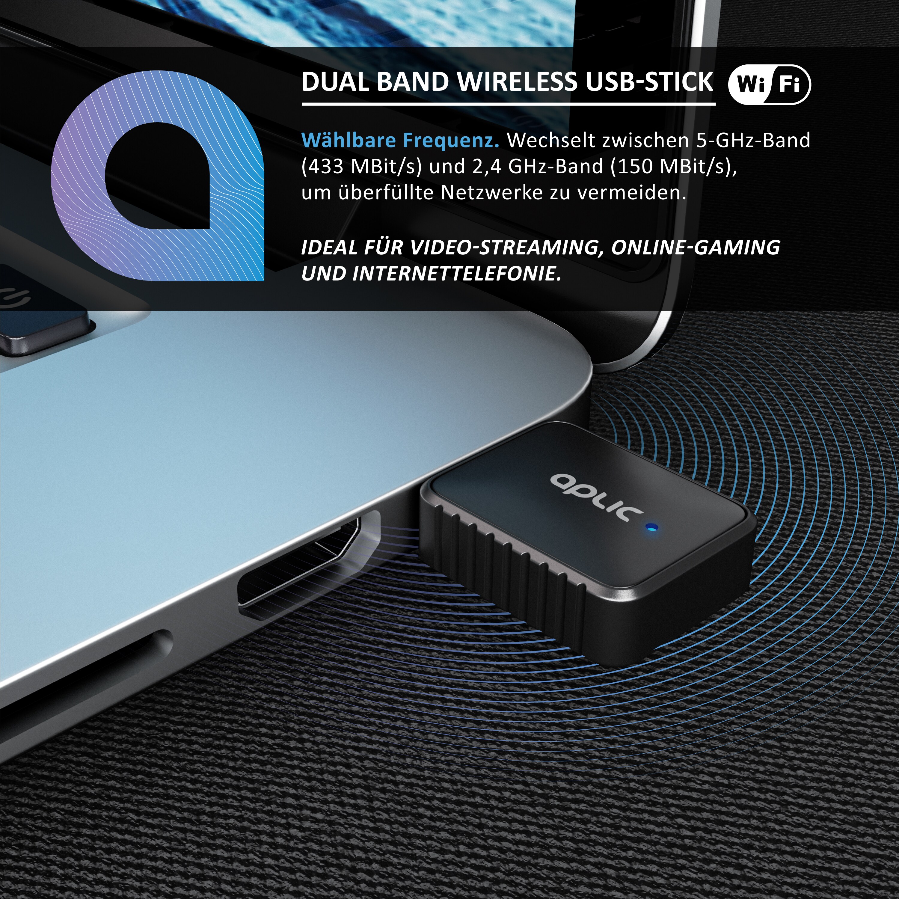 Aplic WLAN-Dongle, WiFi Stick Dual Band 600 MBit/s 2,4 GHz + 5 GHz / 802.11 ac/n/g/b/h