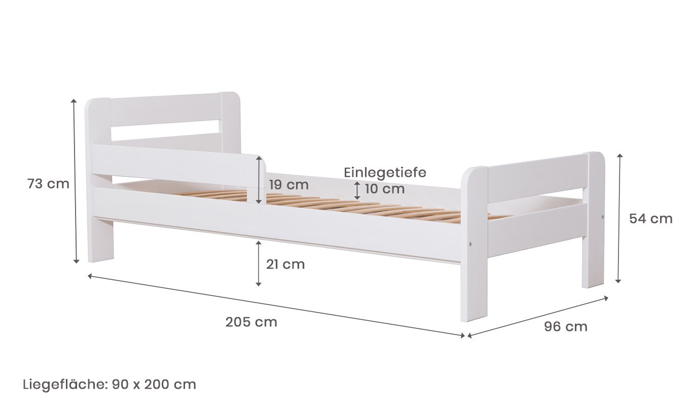 TiCAA Einzelbett Kinderbett Jugendbett, Bennet mit Rausfallschutz & Lattenrost für Schlafzimmer, Kinderzimmer Kiefer Massivholz Bettgestell 90 x 200 cm