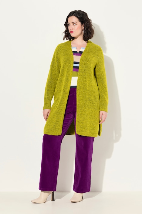 Long-Strickjacke, offene Form, V-Ausschnitt, Taschen