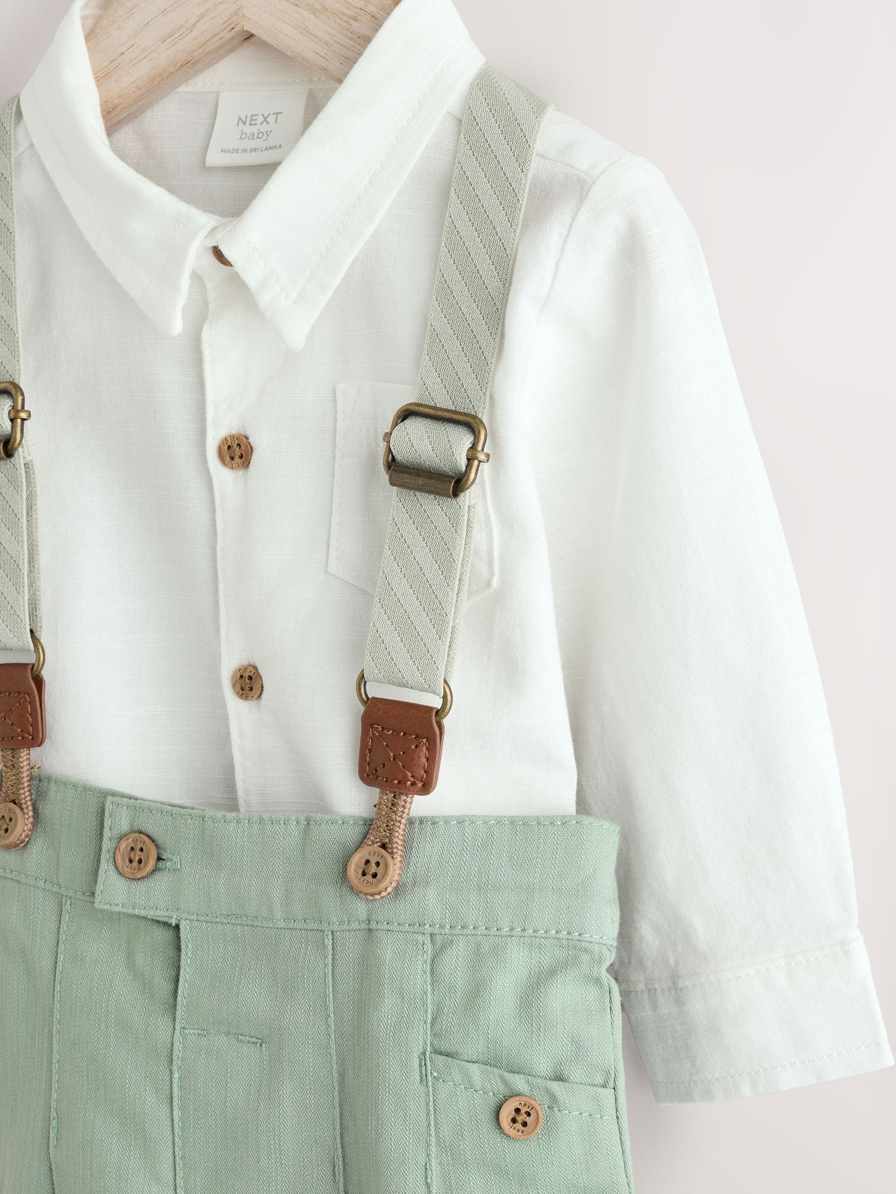 Grijs-groen - 3 -delige babyset van overhemd, broek en bretels (0mnd-2jr)