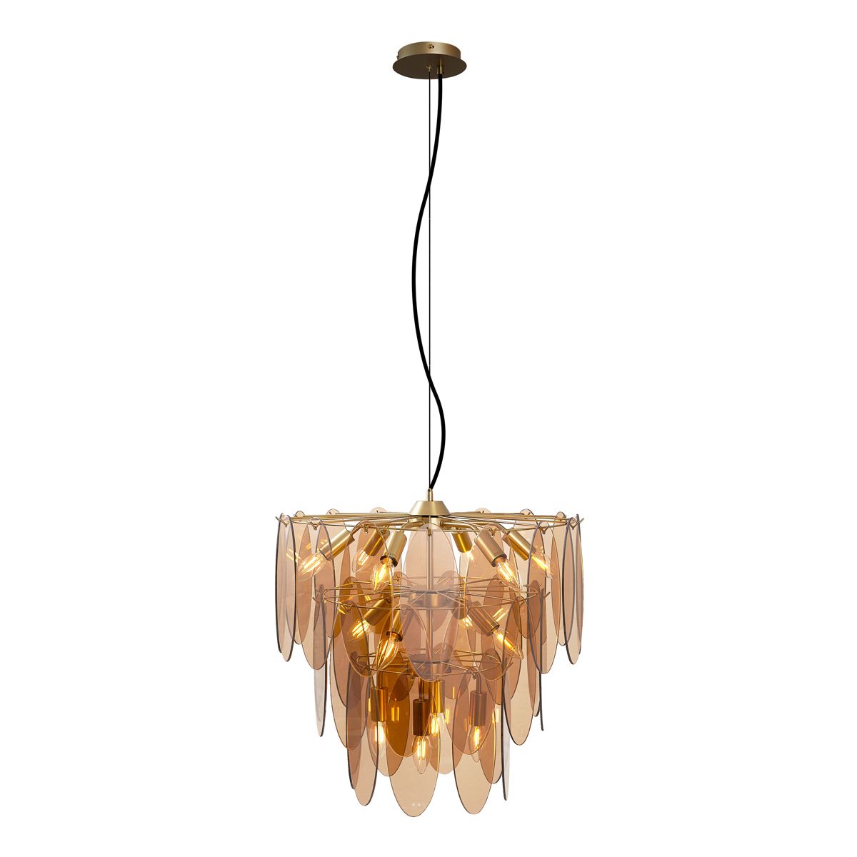 Art Deco hanglamp goud met amber glas ovaal 14-lichts - Mochan