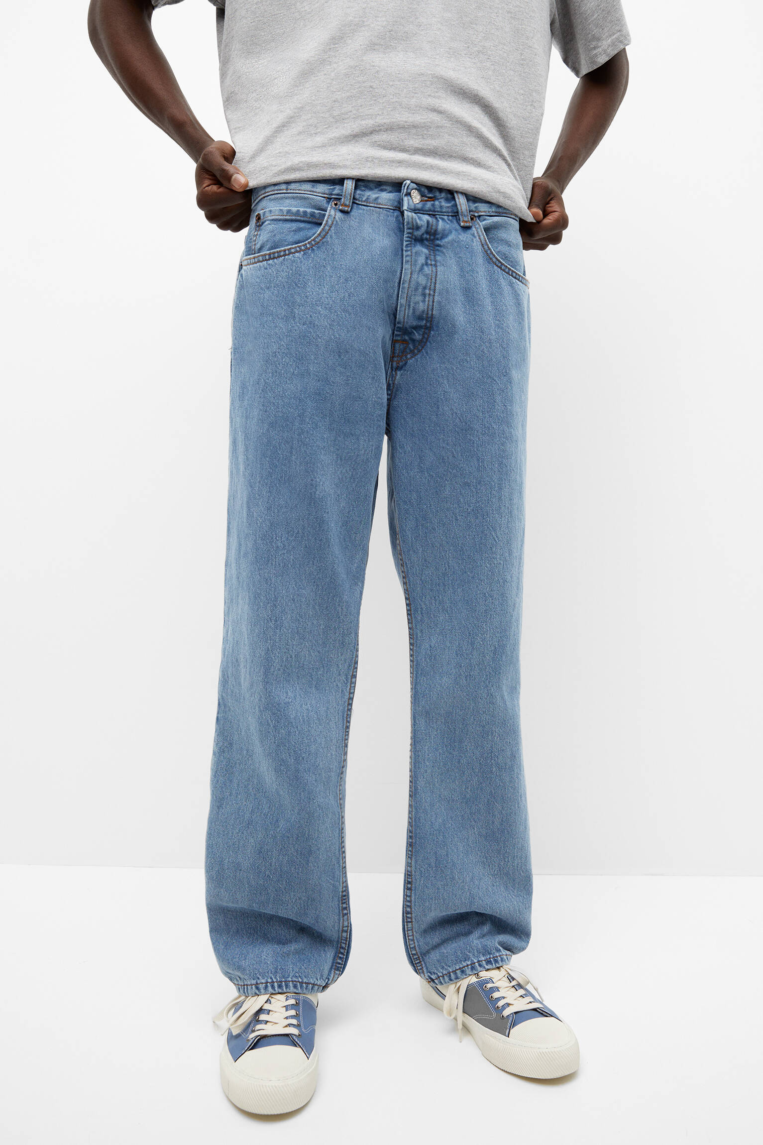 Calça jeans reta e folgada - Azul médio