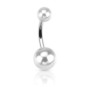 (10mm) Barbell 316L Chirurgenstahl Bauchnabelpiercing mit Gewindeverschluss Perle - Silber / Weiss