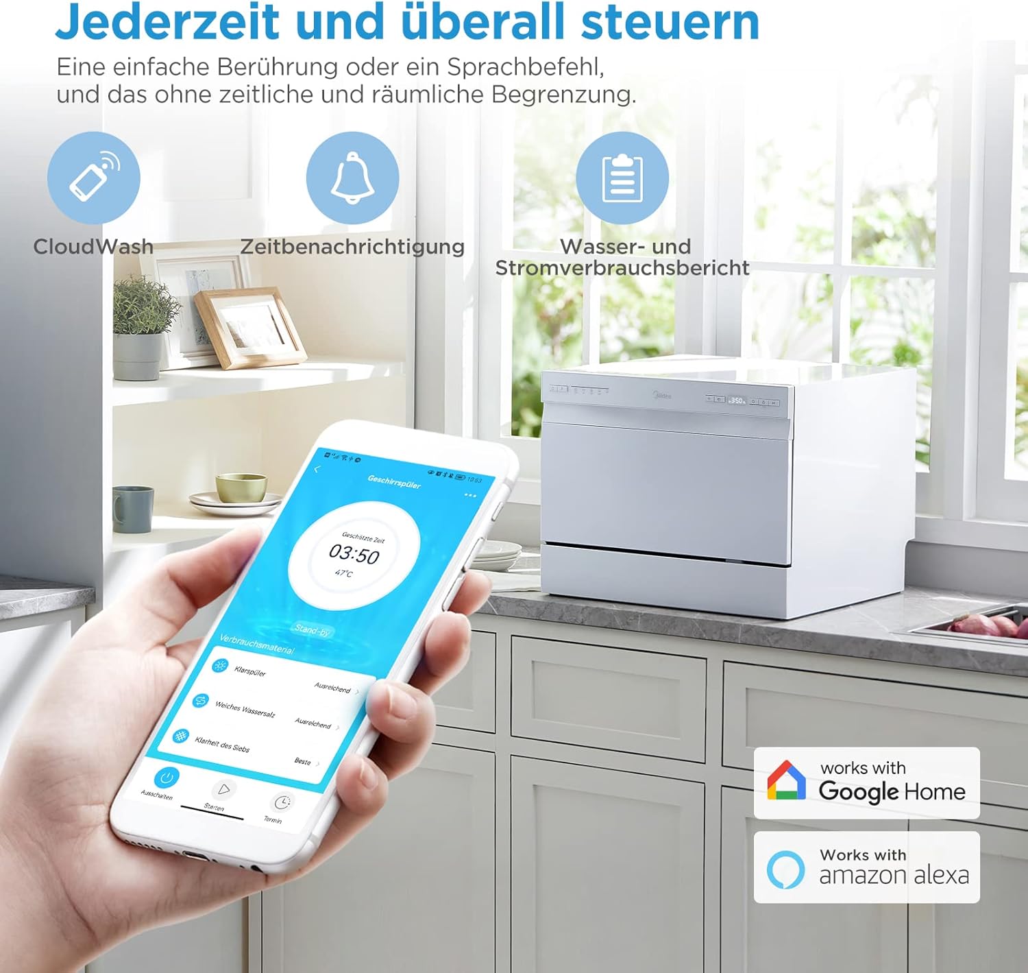Midea Mini Geschirrspüler 6 Maßgedecke, 6+1 Programme, IOT-Steuerung, Startzeitvorwahl, Extra Trockungs-Funktion, Tischgeschirrspüler Ideal für Kleine Wohnungen, 2024 NEUES Modell