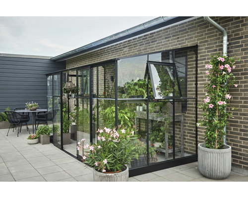 Aanbouwkas Halls Qube Lean-To 612, 3 mm veiligheidsglas, 188 x 374 cm, zwart
