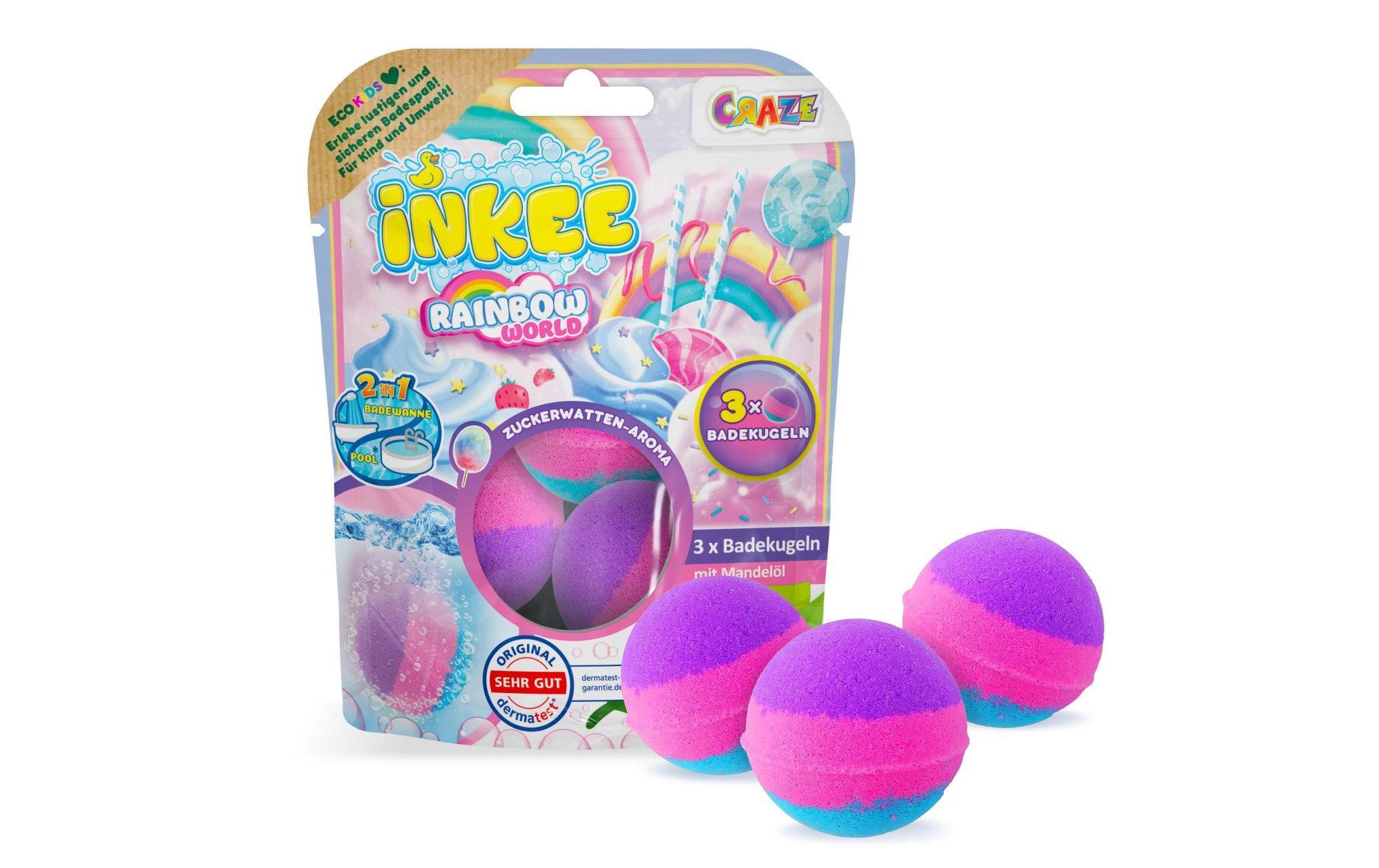 Badekugel Inkee Rainbow World 3 StückÜberraschungs-Badebomben für farbenfrohe Schaumbäder