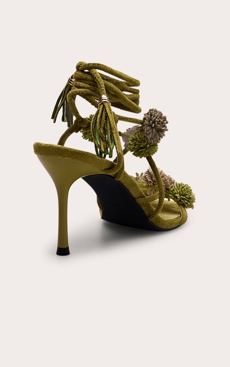 Vert Olive Sandales À Talons En Synthétique Avec Pompons Et Lacets