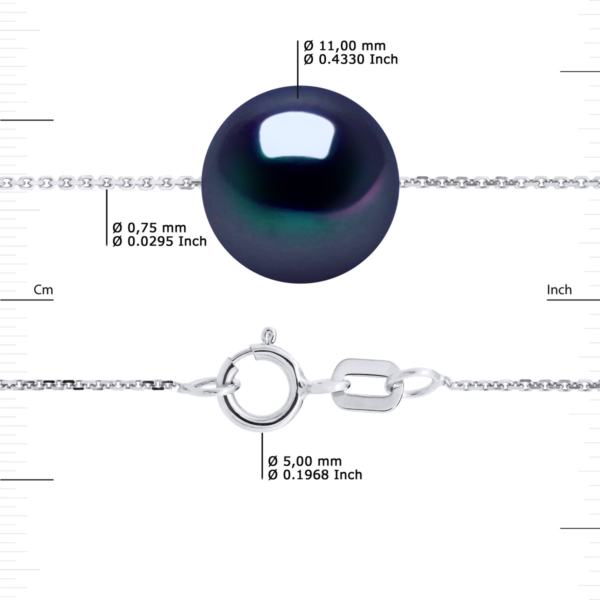 Collier Perle d'Eau Douce Noire Ronde 11-12 mm Chaîne Forçat Or Blanc 18 Carats