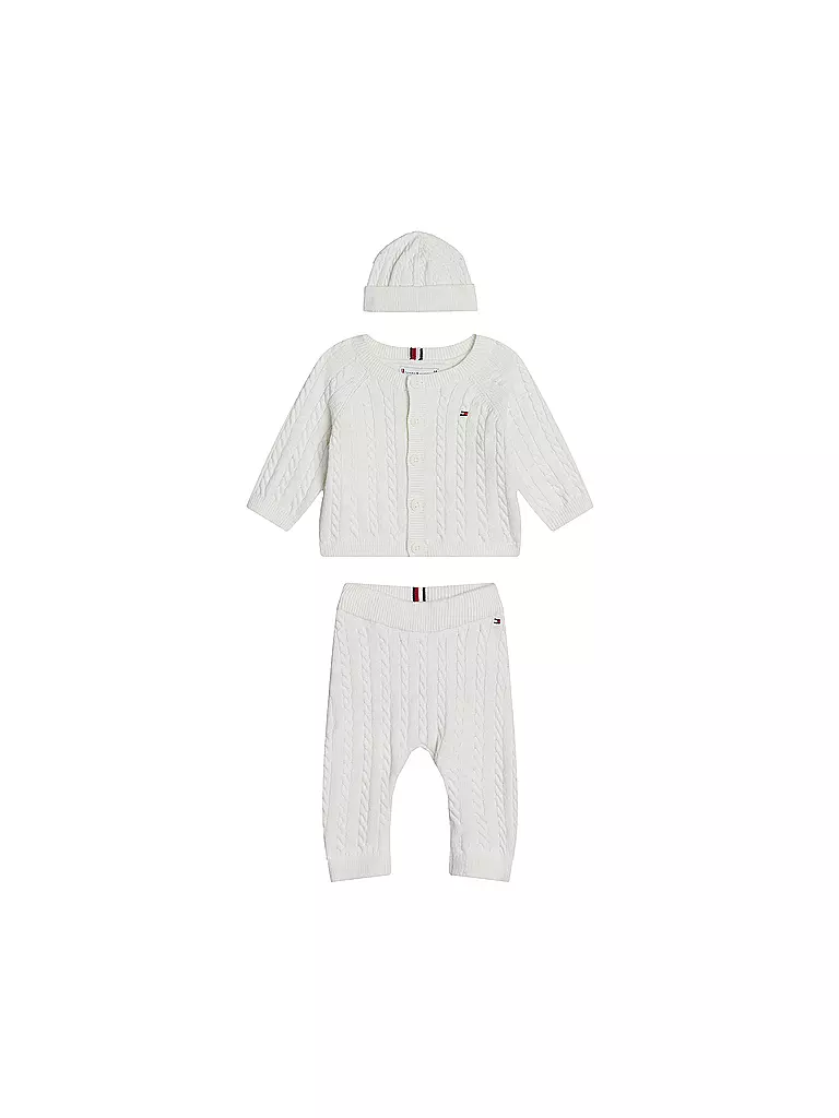 TOMMY HILFIGER Baby Set 3-tlg Strickjacke, Mütze und Strickhose creme