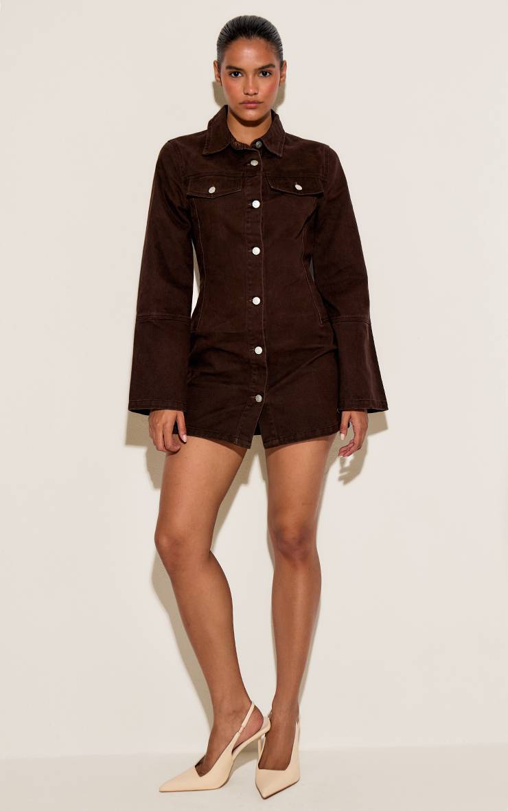 Dark Chocolate Robe Chemise En Denim À Manches Longues Avec Détails De Coutures