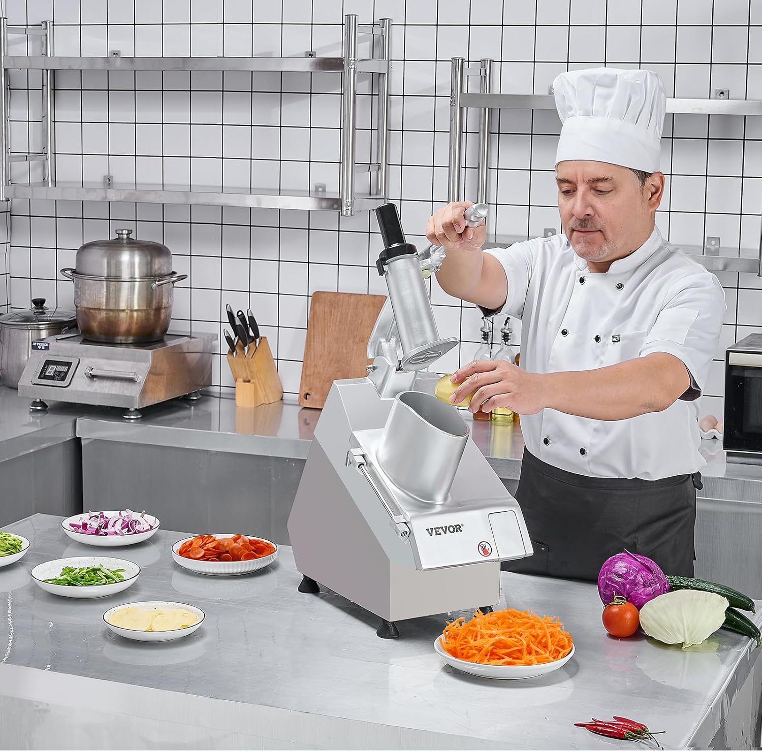 VEVOR Küchenmaschine Gemüseschneider Gemüsezerkleiner 2 Einfüllöffnungen, Schneider aus lebensmittelechtem Edelstahl mit 6 Klingen, 3/5/7/10 mm Raspel, 2/4 mm Hobel, für Gemüse 550 W