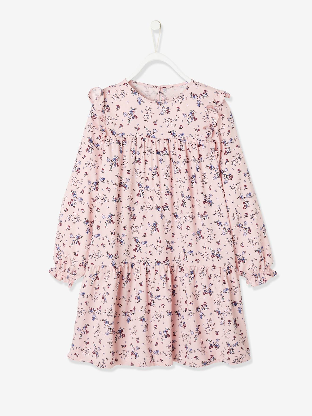 Vestido fluido com babados e motivos florais, para meninas, azul escuro
