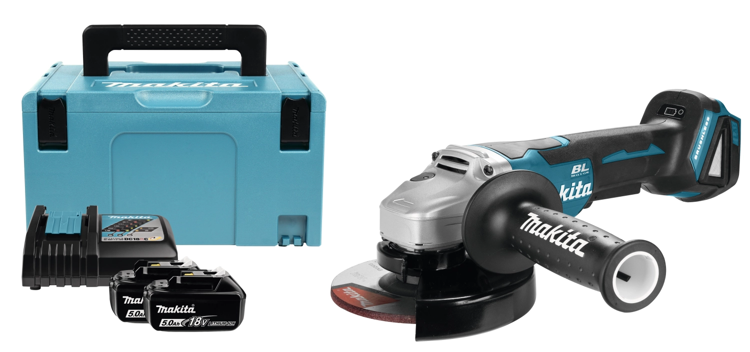 Makita DGA505RTJ 18V Li-Ion Accu haakse slijper set (2x 5.0Ah accu) in Mbox - 125mm - koolborstelloos - softstart
