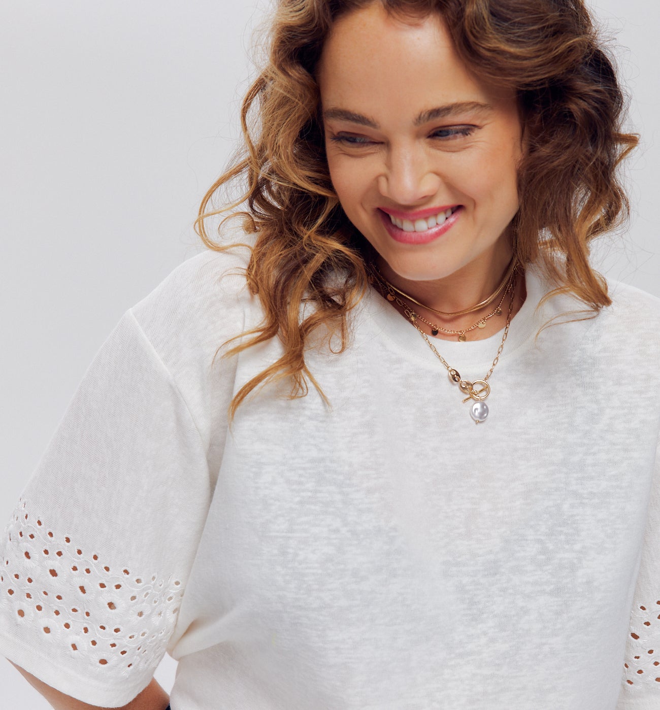 T-shirt avec broderie anglaise - Ecru