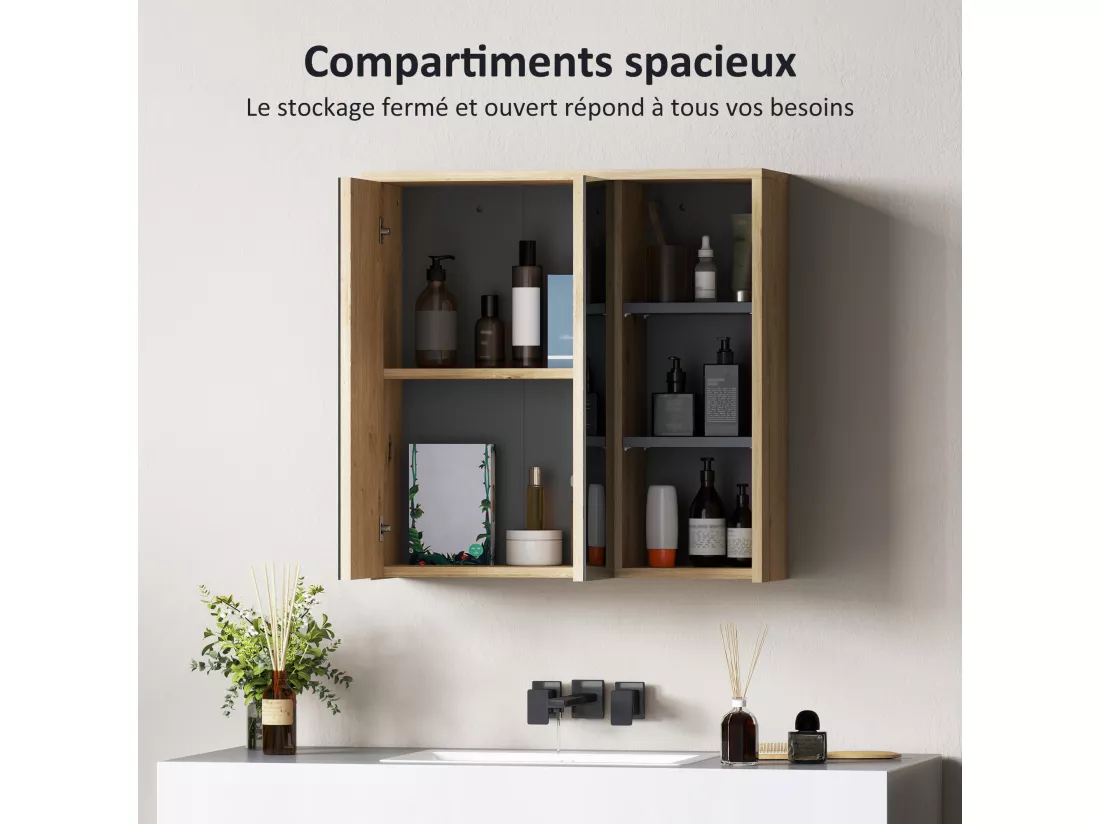 Armoire miroir de salle de bain - 2 portes, étagère, 3 niches - dim. 60 x 20 x 60 cm - effet bois clair naturel