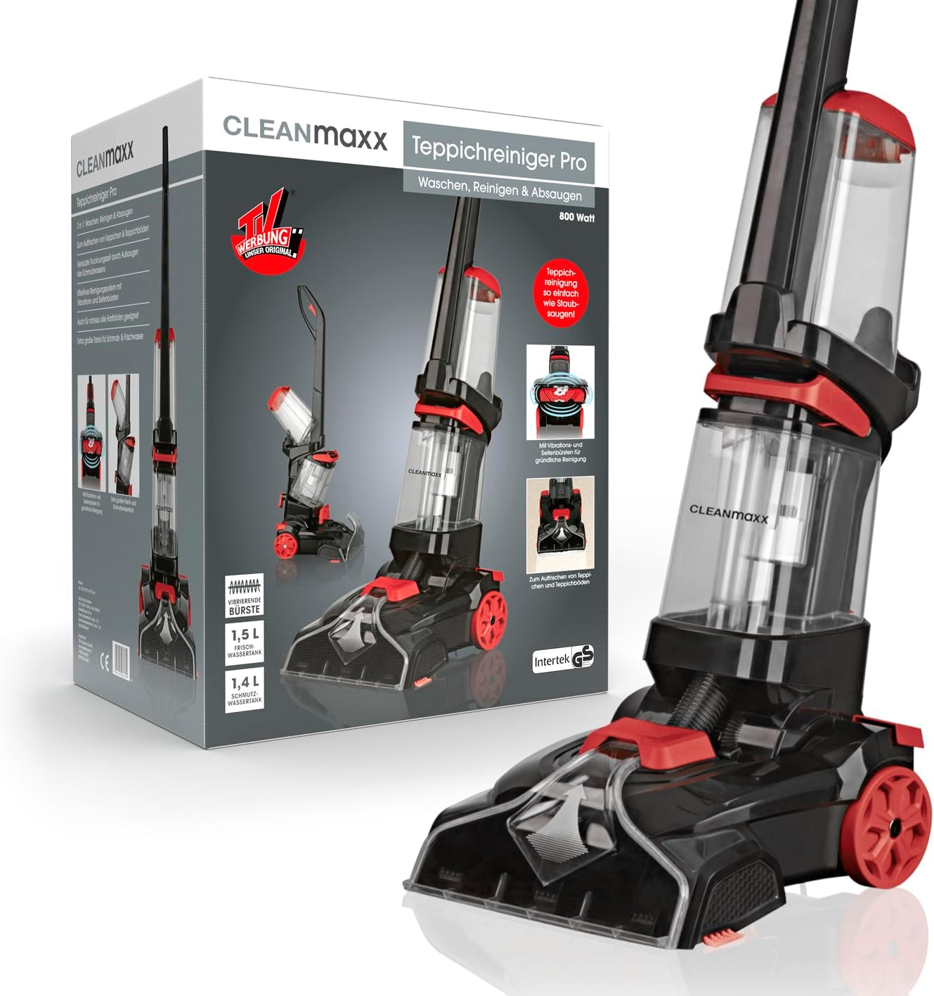 CLEANmaxx Teppichreiniger AquaStream | 3 in 1: waschen, reinigen, absaugen | Nasssauger mit Vibrationsbürsten & Seitenbürsten | Waschsauger, Trockensauger in 1 – für Sauberkeit auf fast jedem Teppich
