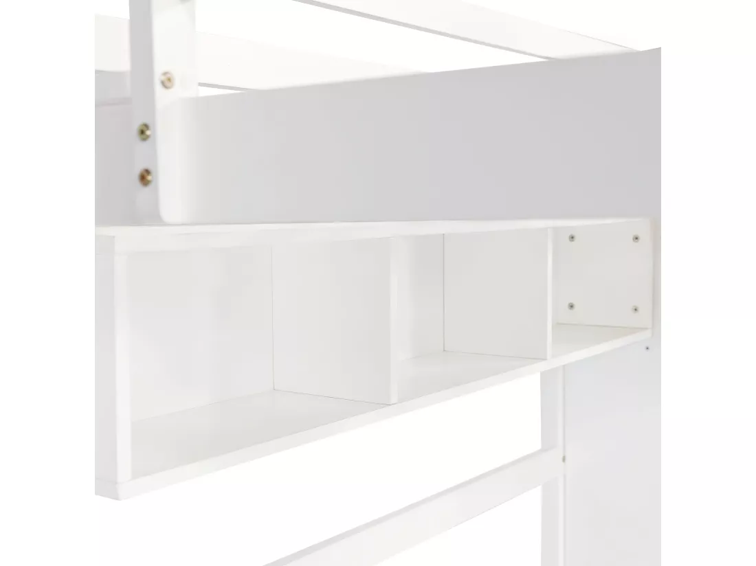 Lit superposé,Lit de maison,Lit d'enfant,avec barrière de sécurité,avec table et armoire,Étagère ouverte,Grand espace de rangement,Avec échelle à quatremarches,Pin+MDF+contreplaqué,Blanc+naturel,90x200cm,Sans matelas