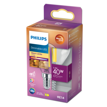 Philips LED kogel E14 40W filament helder warmglow dimbaar