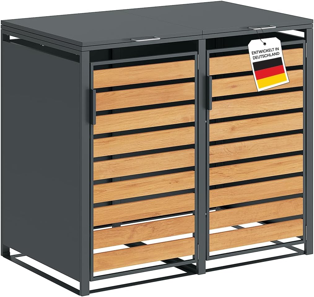STEELSØN Kestra Mülltonnenbox 2er bis 120L – Mülltonnenverkleidung aus Stahl mit Sichtstreifen in Holzoptik – hochwertige Müllcontainer für 2 Tonnen – Müllbox in Anthrazit – Gerätebox wetterfest