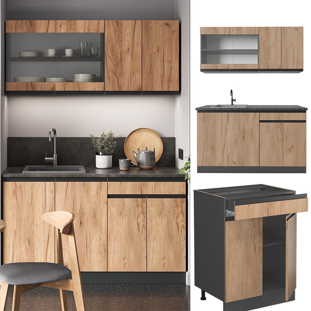Vicco Küchenzeile Küchenblock Einbauküche R-Line J-Shape Anthrazit Eiche 140 cm modern Küchenschränke Küchenmöbel