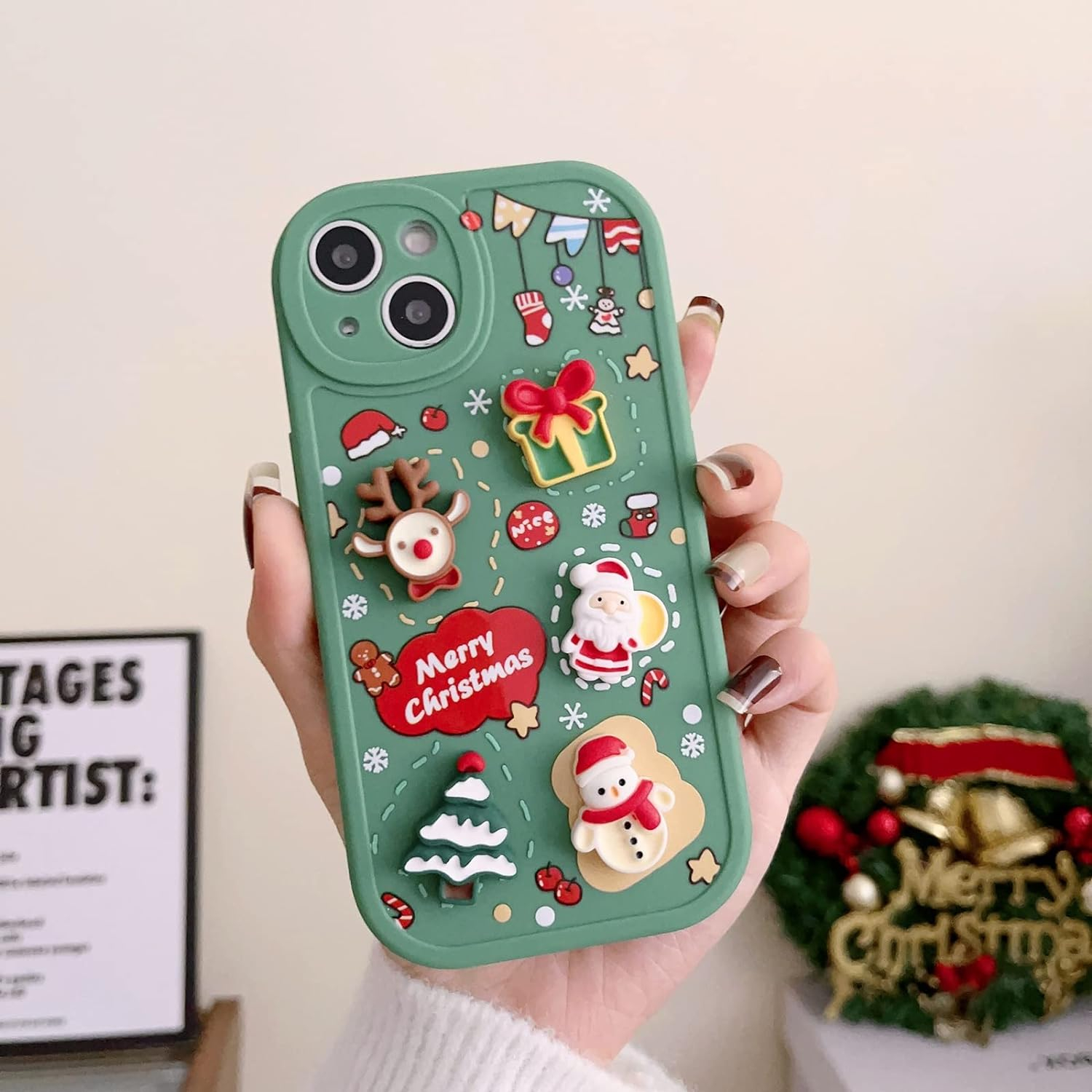 iPhone 14 Pro Gummi Case Hülle mit Kameraschutz Weihnachts Muster - Grün