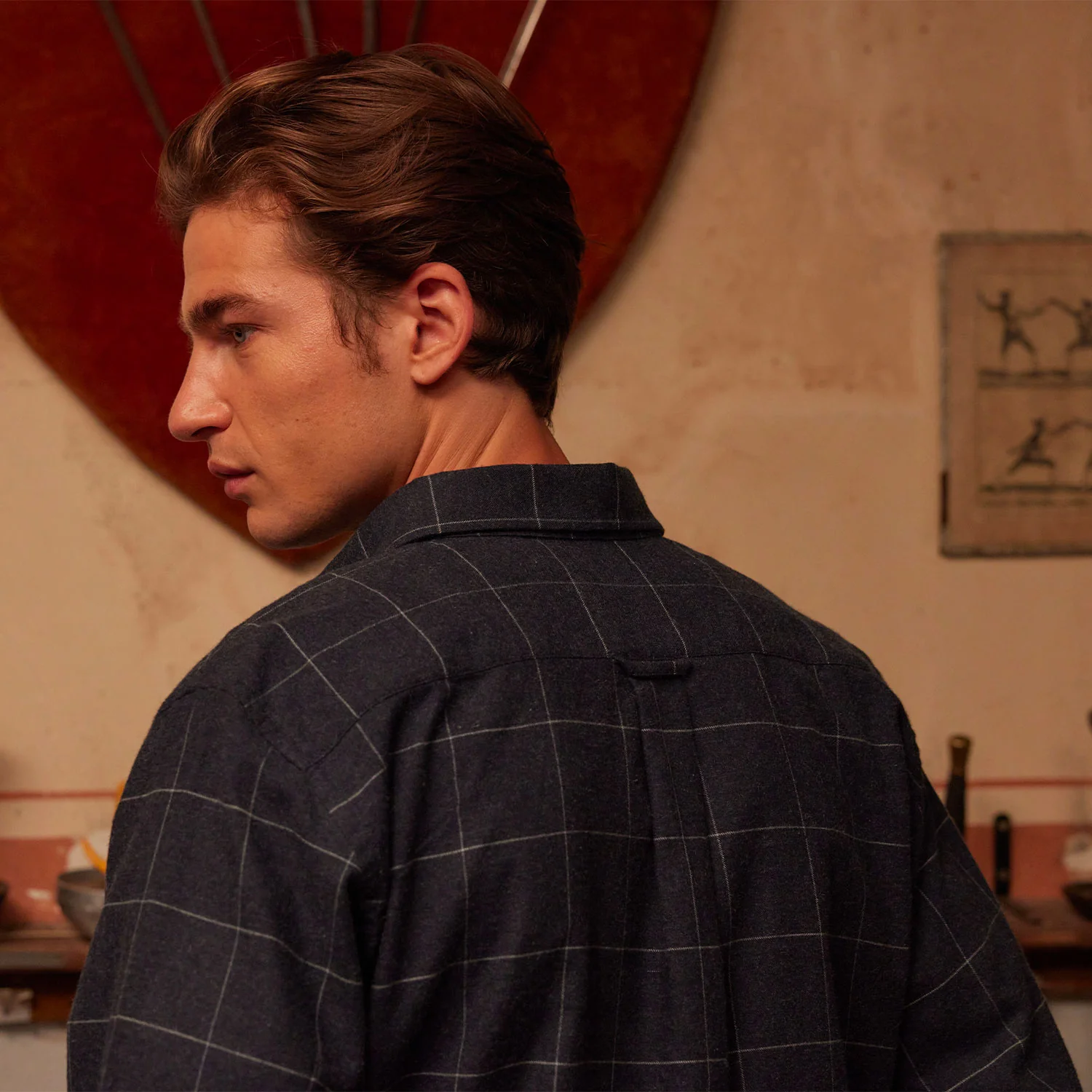 Blue cotton and cashmere flannel shirt with gray checks