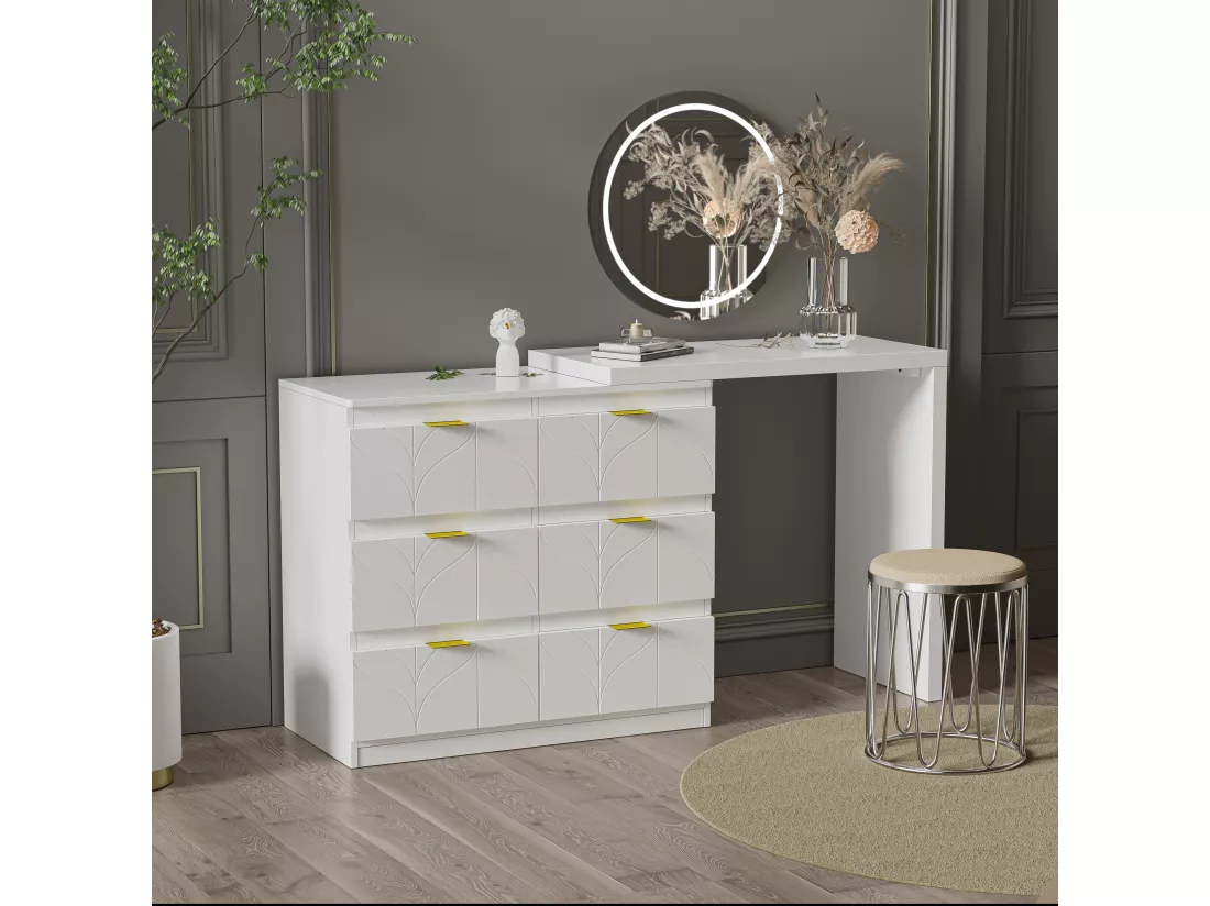 Coiffeuse avec table d'appoint - 6 Tiroirs et plateau pivotant 180° - Bois MDF - Blanc