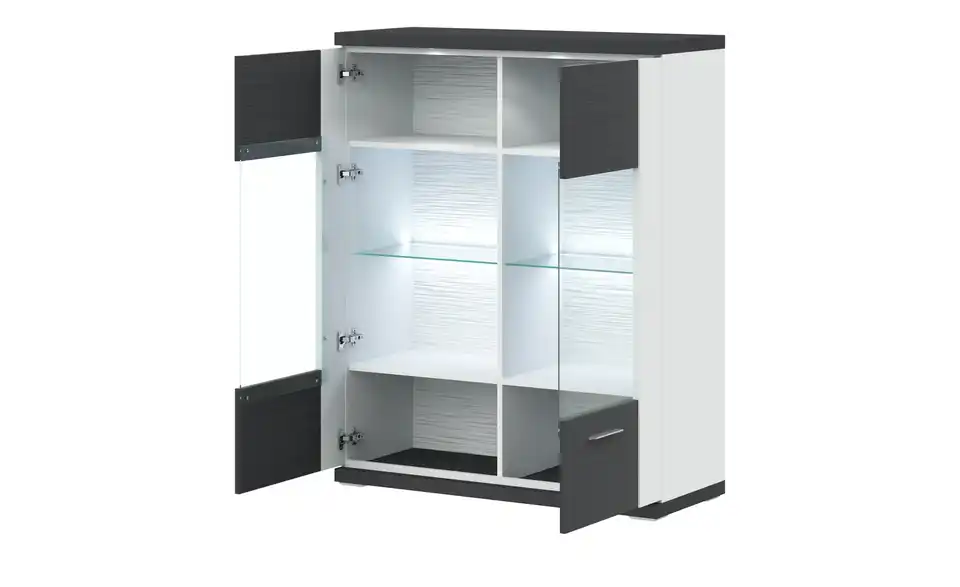Hängevitrine Toulon Weiß, Graphit Spot- und Glaskantenbeleuchtung