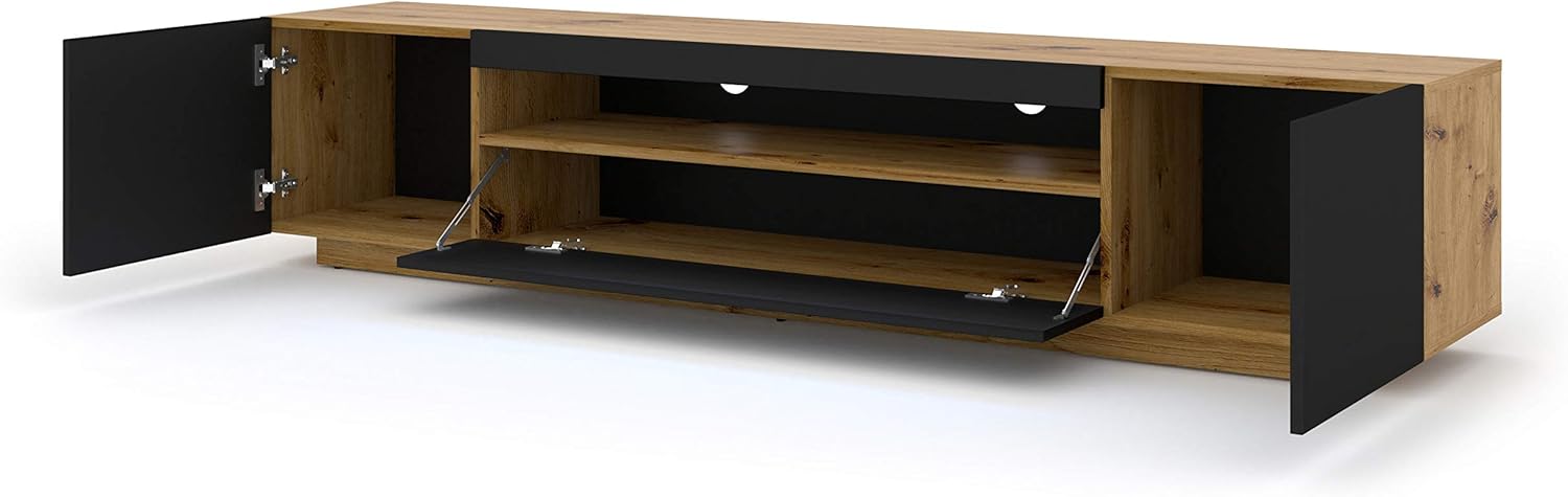BIM Furniture Lowboard TV 200 cm - Universell Sideboard mit Laminierten Fronten, Hängend oder stehend - Fernsehschrank HiFi Schrank fürs Wohnzimmer Artisan Eiche und Schwarz Matt