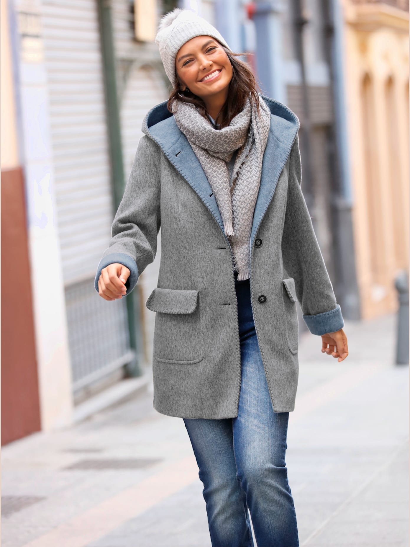 Manteau imitation laine poches plaquées à rabat avec capuche