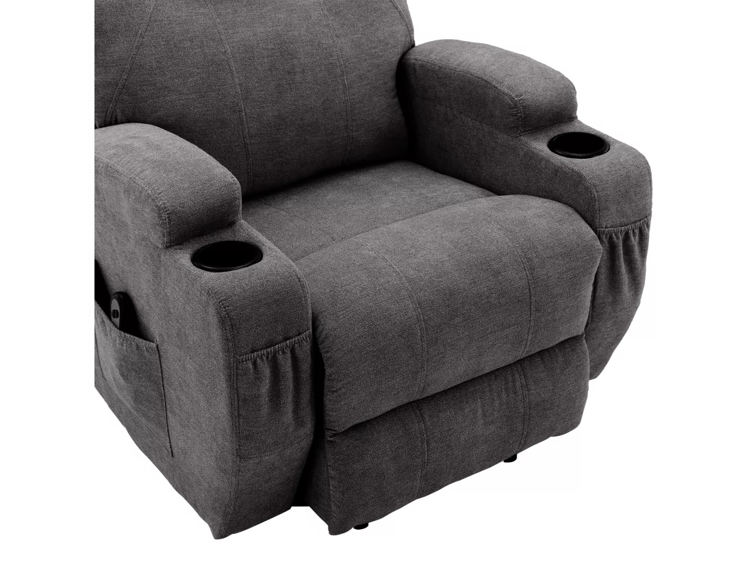 Fauteuil relax électrique avec fonctions de chauffage et de vibration - 2 porte-gobelets et poches latéralles - Gris