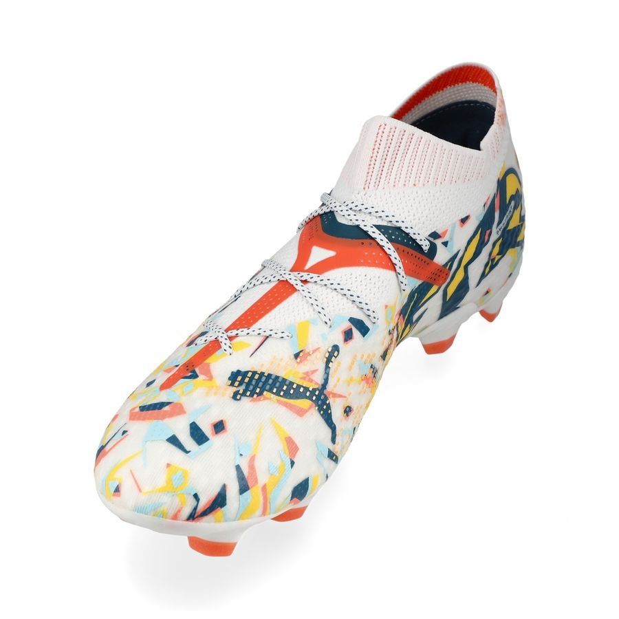 PUMA Future 7 Ultimate FG/AG NJR Creativity - Blanc/Ocean Tropic/Turquoise Surf/Hot Heat/Sun Stream ÉDITION LIMITÉE