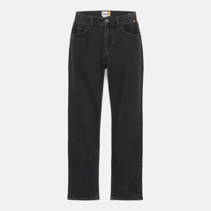 Calça jeans masculina preta com elastano e lavagem especial em cinza escuro.