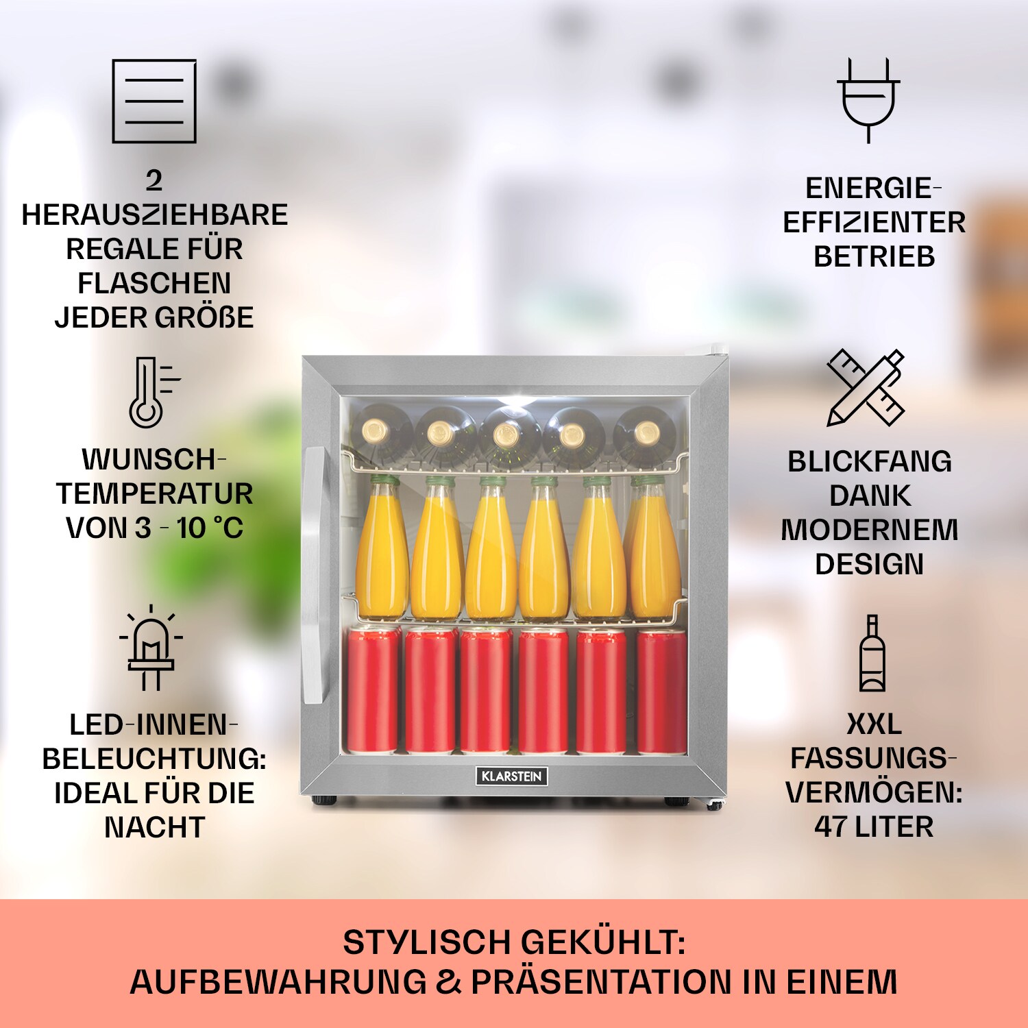 Beersafe L Crystal White Kühlschrank 47 Ltr 2 Böden Glastür Edelstahl