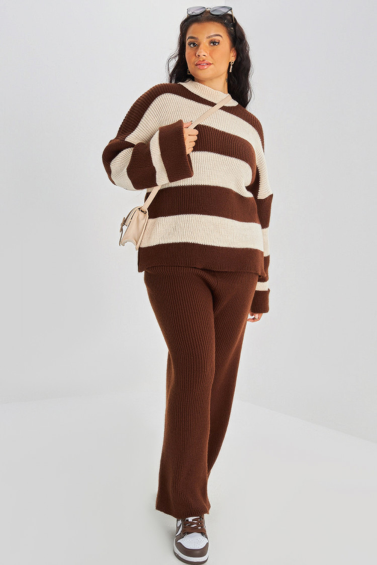 Ensemble 2 pièces pull + pantalon bicolore marron/beige