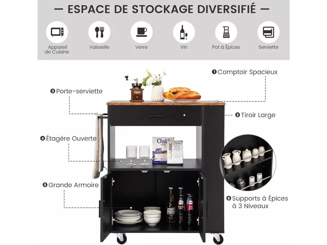 Desserte de Cuisine sur Roulettes (2 Verrouillables), Chariot de Cuisine avec Plateau en Bois et Placard, 3 Support à Épices, Chariot de Service Tiroir et Étagère Ouverte, 46x82x92 cm, Noir