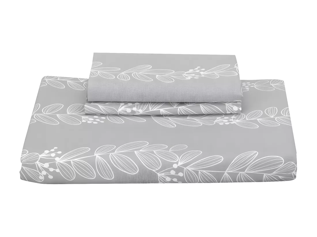 Jeu de housse de couette 50% coton imprimé feuilles Gris