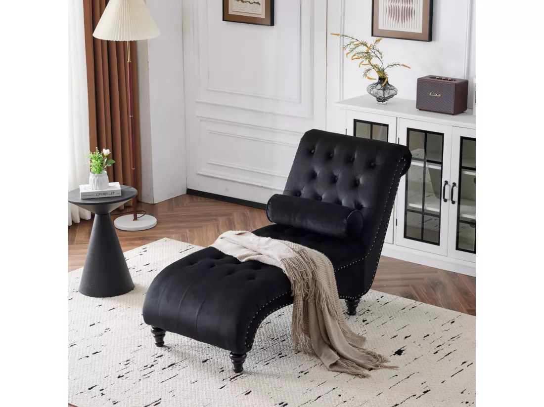 Fauteuil inclinable, surface avec points de traction et côtés avec clous en cuivre. Avec coussin lombaire - 140x87x63,5cm - Noir