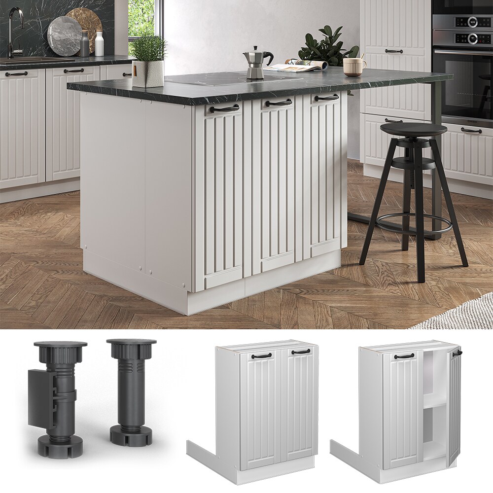 Vicco Regalinselunterschrank Küchenschrank Küchenmöbel Fame-Line Landhaus Weiß 60 cm Küche Einbauküche Kücheninsel Drehtür Einlegeboden Blende Küchenunterschrank Küchenzeile