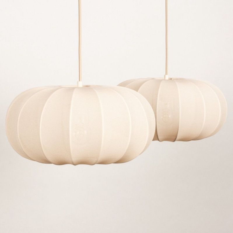 Beige - Dubbele Hanglamp - Stof - Japandi Stijl - Twee Lampion Kappen