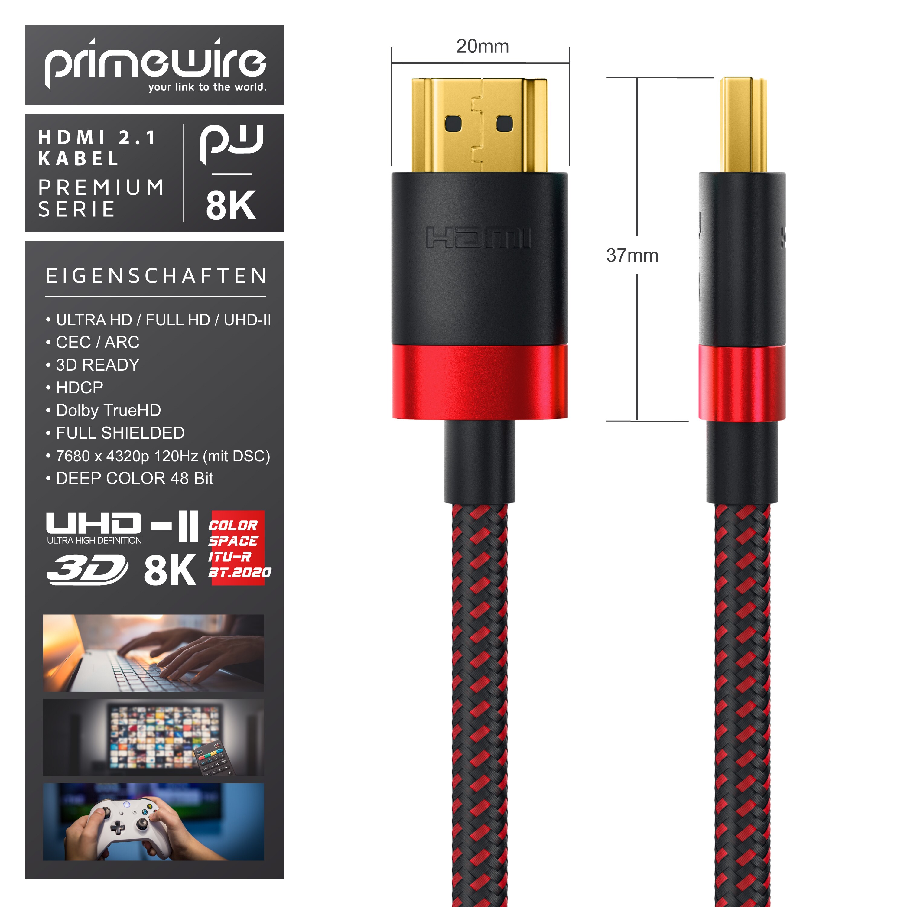 Primewire - 0,25m High Speed 8K HDMI Kabel 2.1 Ethernet ARC 3D 4K Ultra HD 7680x4320 @ 120 Hz PS4 360 TV OLED PC Laptop Beamer Monitor - Schwarz/Rot