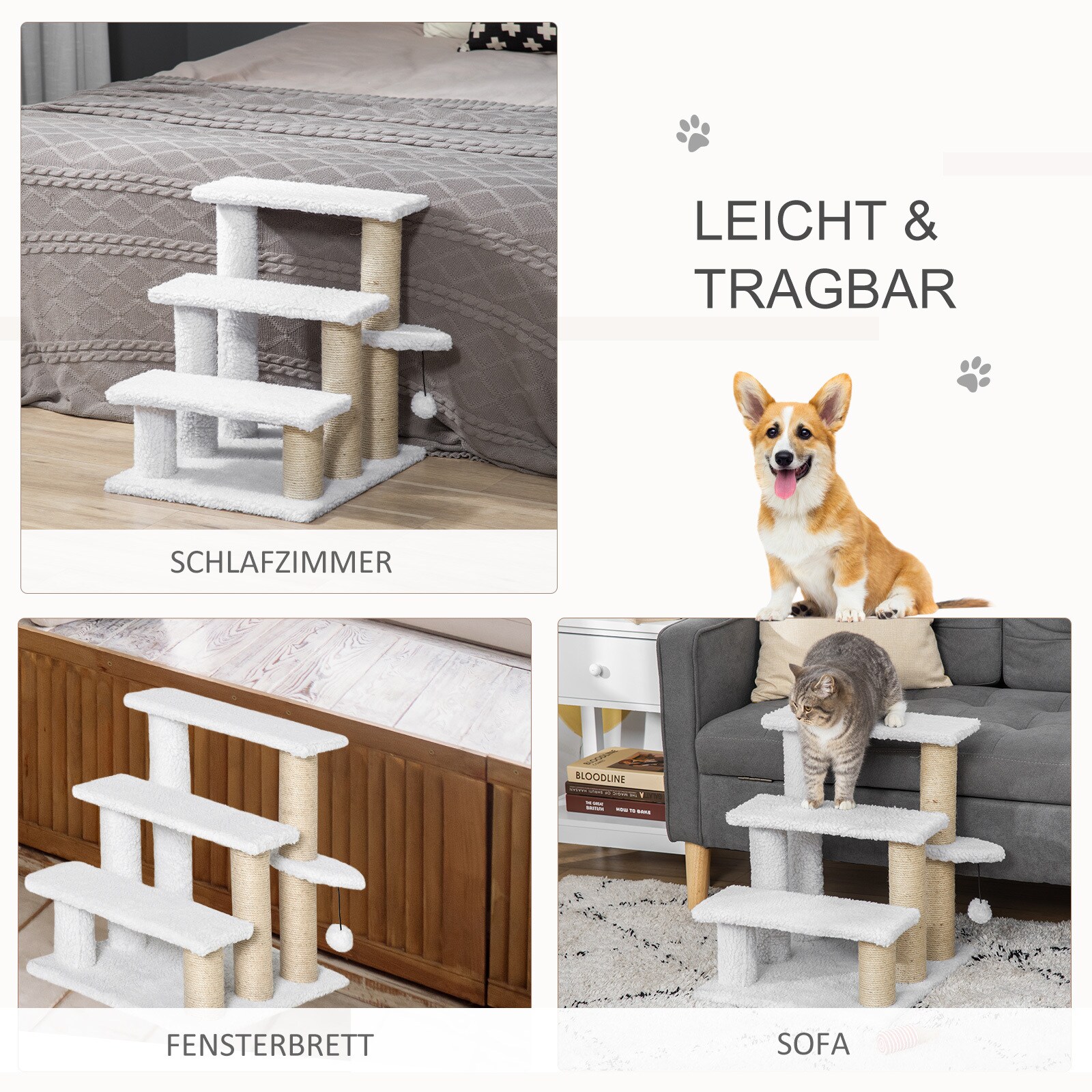 PawHut Haustiertreppe mit Ball weiß 45L x 40B x 48H cm