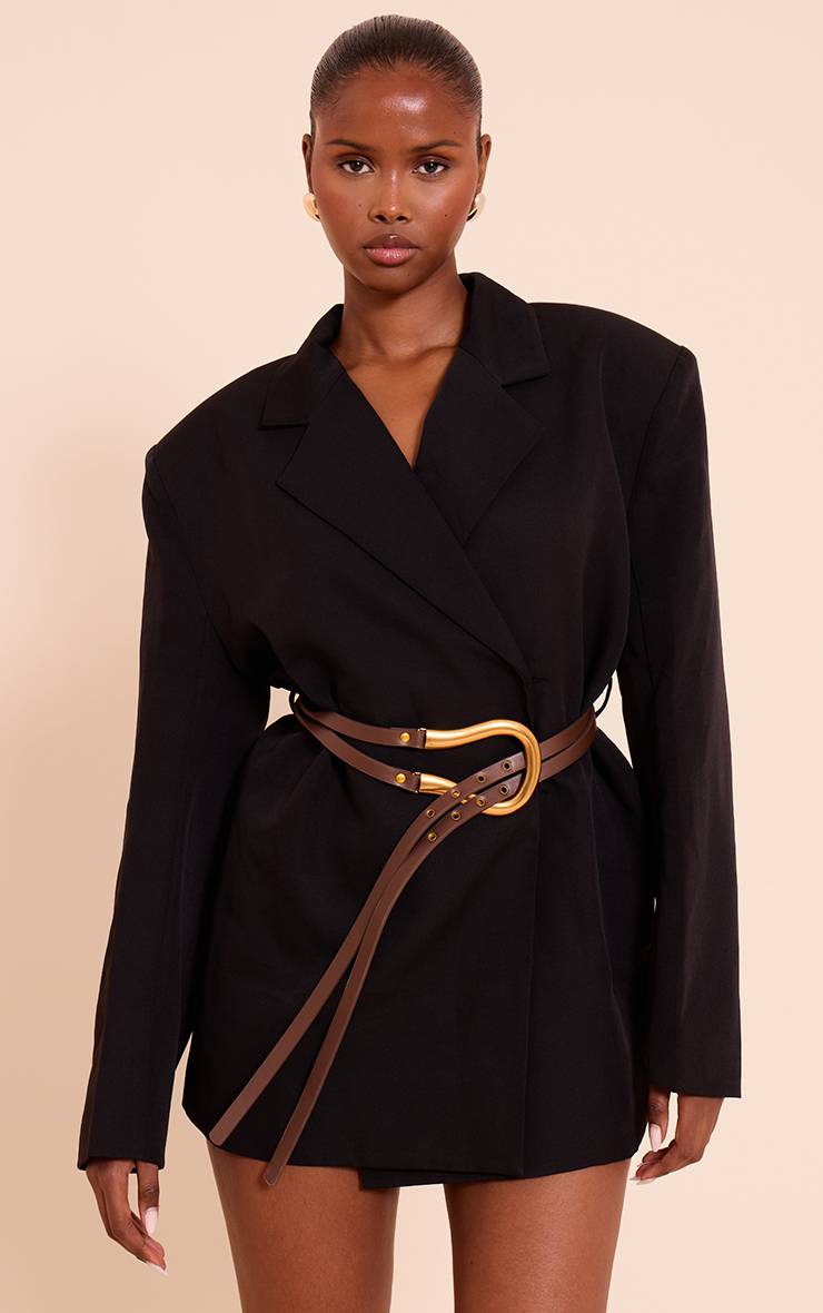 Noir Robe Blazer Ceinturée En Tissu Tissé