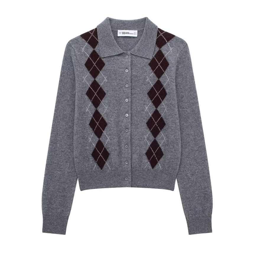 Omelia - Argyle Print Polo-hals Knoopsluiting Cardigan